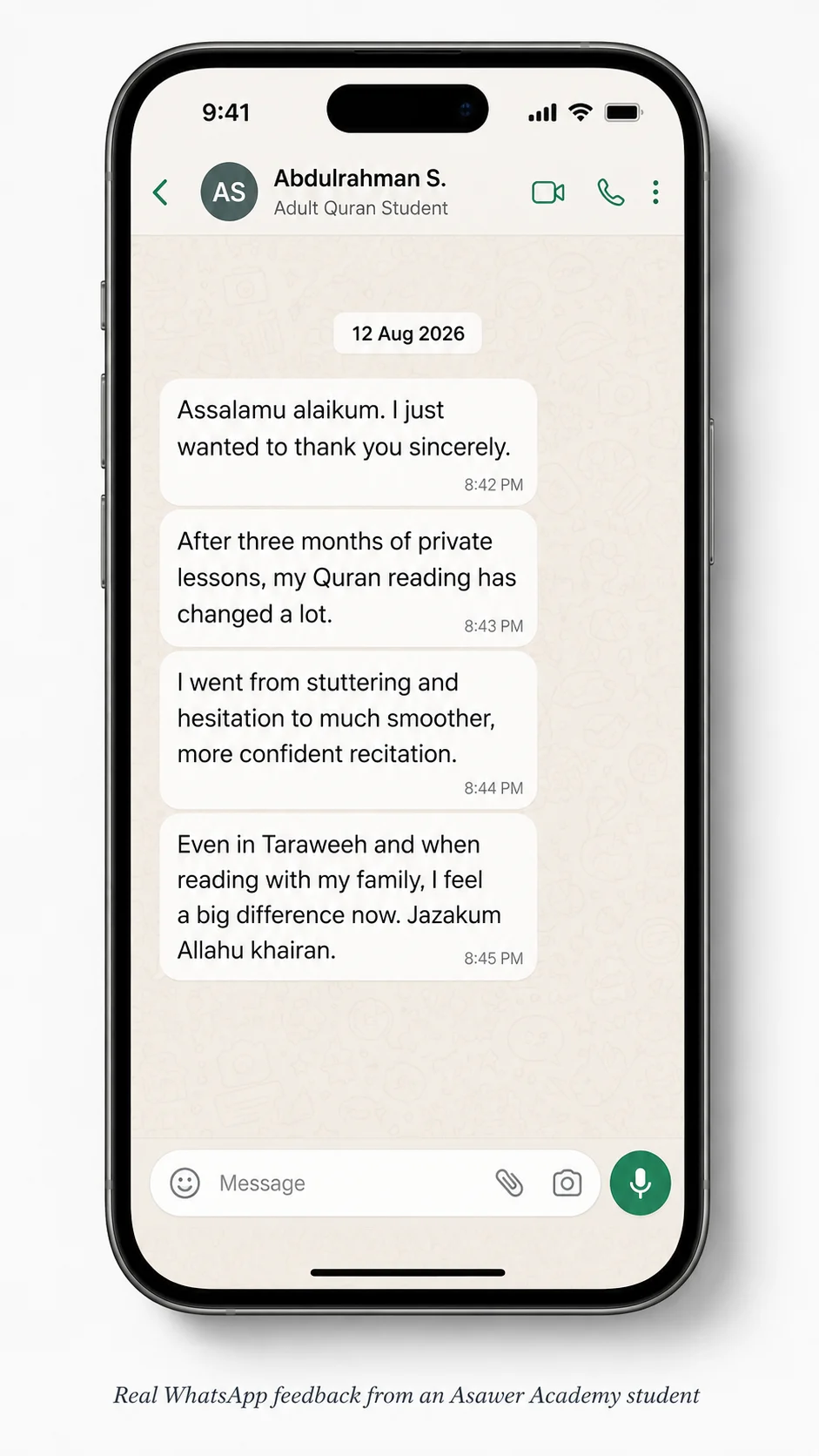 WhatsApp testimonial from Abdulrahman S.