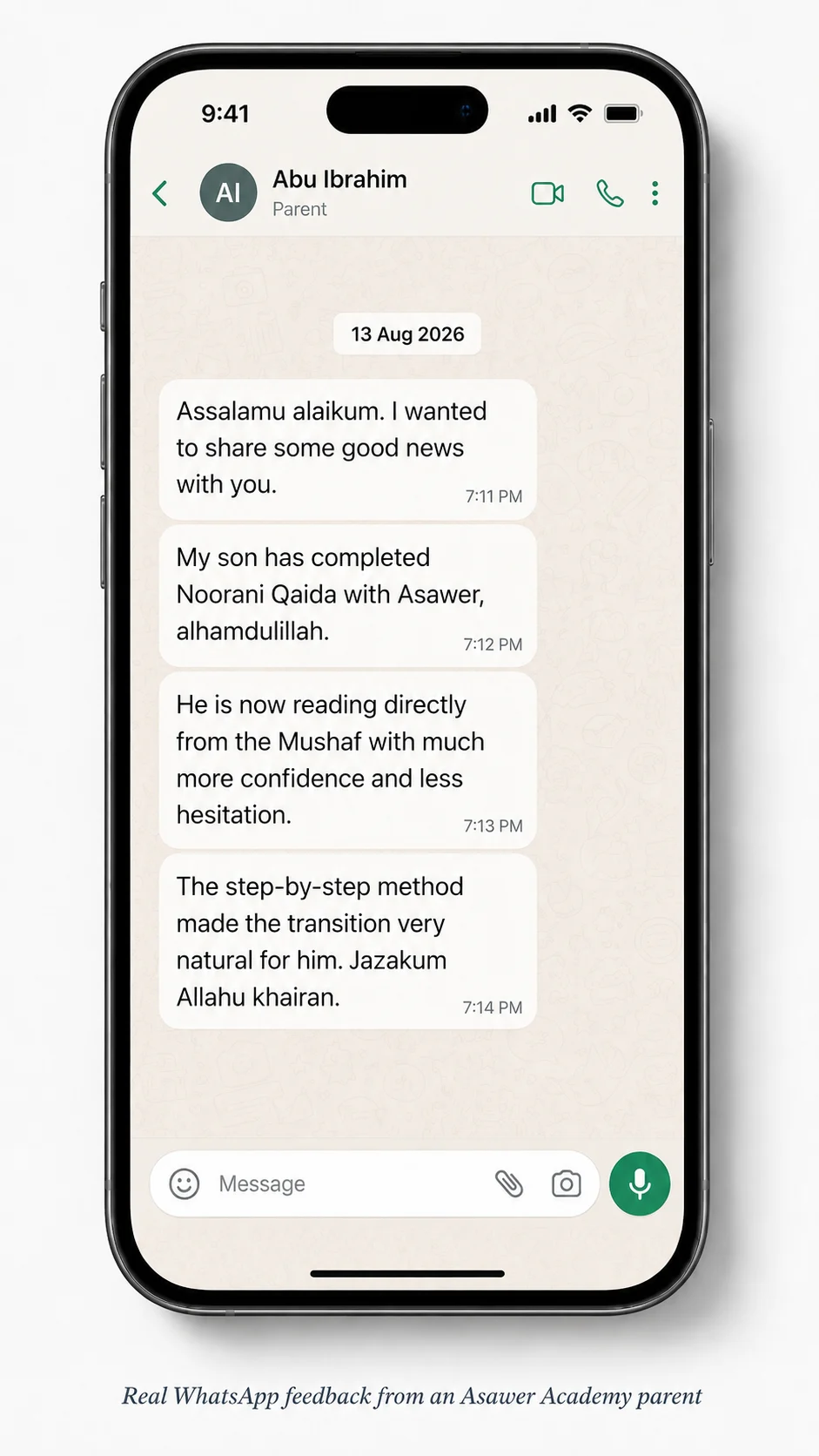 WhatsApp testimonial from Abu Ibrahim