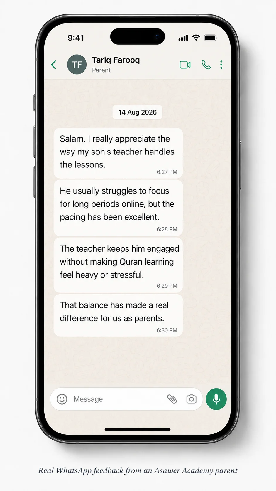 WhatsApp testimonial from Tariq Farooq