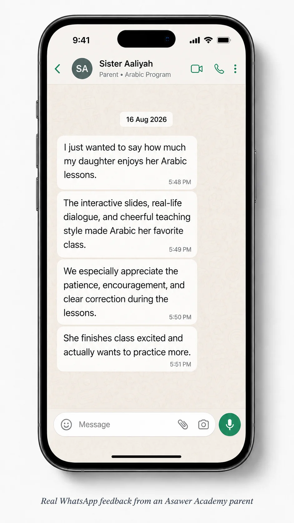 WhatsApp testimonial from Sister Aaliyah