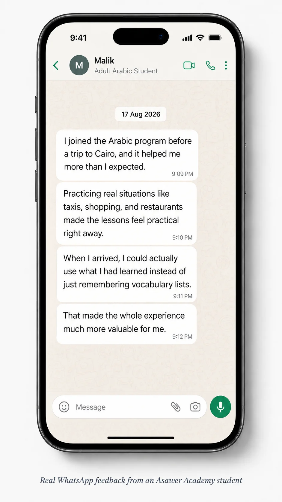 WhatsApp testimonial from Malik