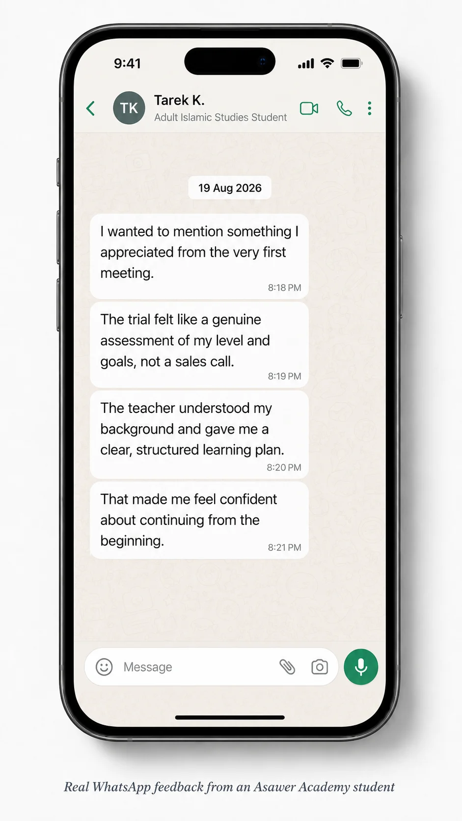WhatsApp testimonial from Tarek K.