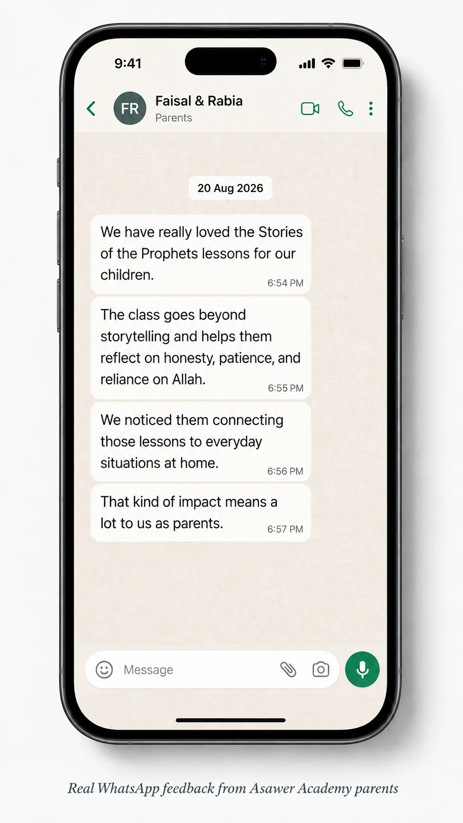 WhatsApp testimonial from Faisal & Rabia