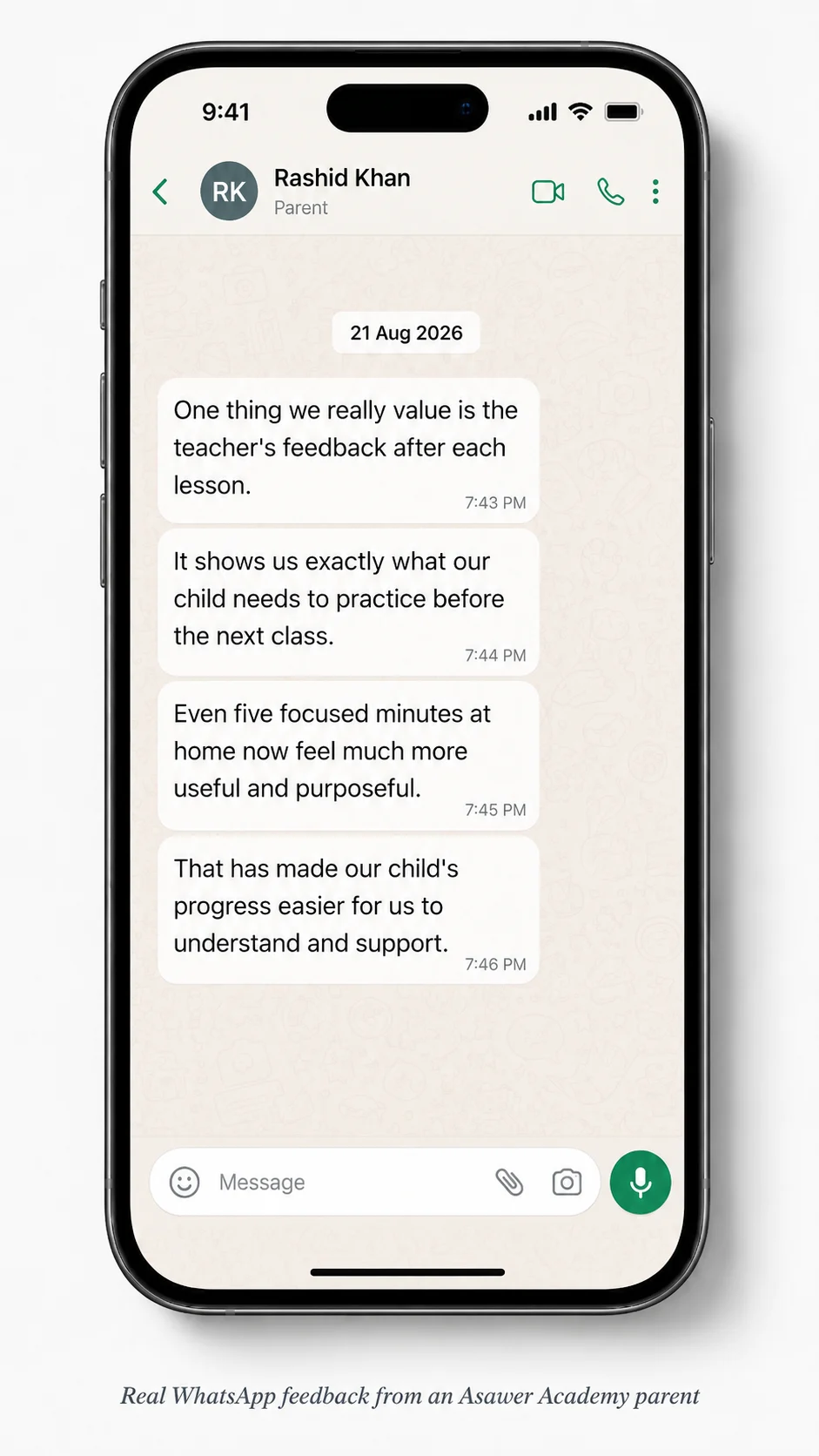 WhatsApp testimonial from Rashid Khan